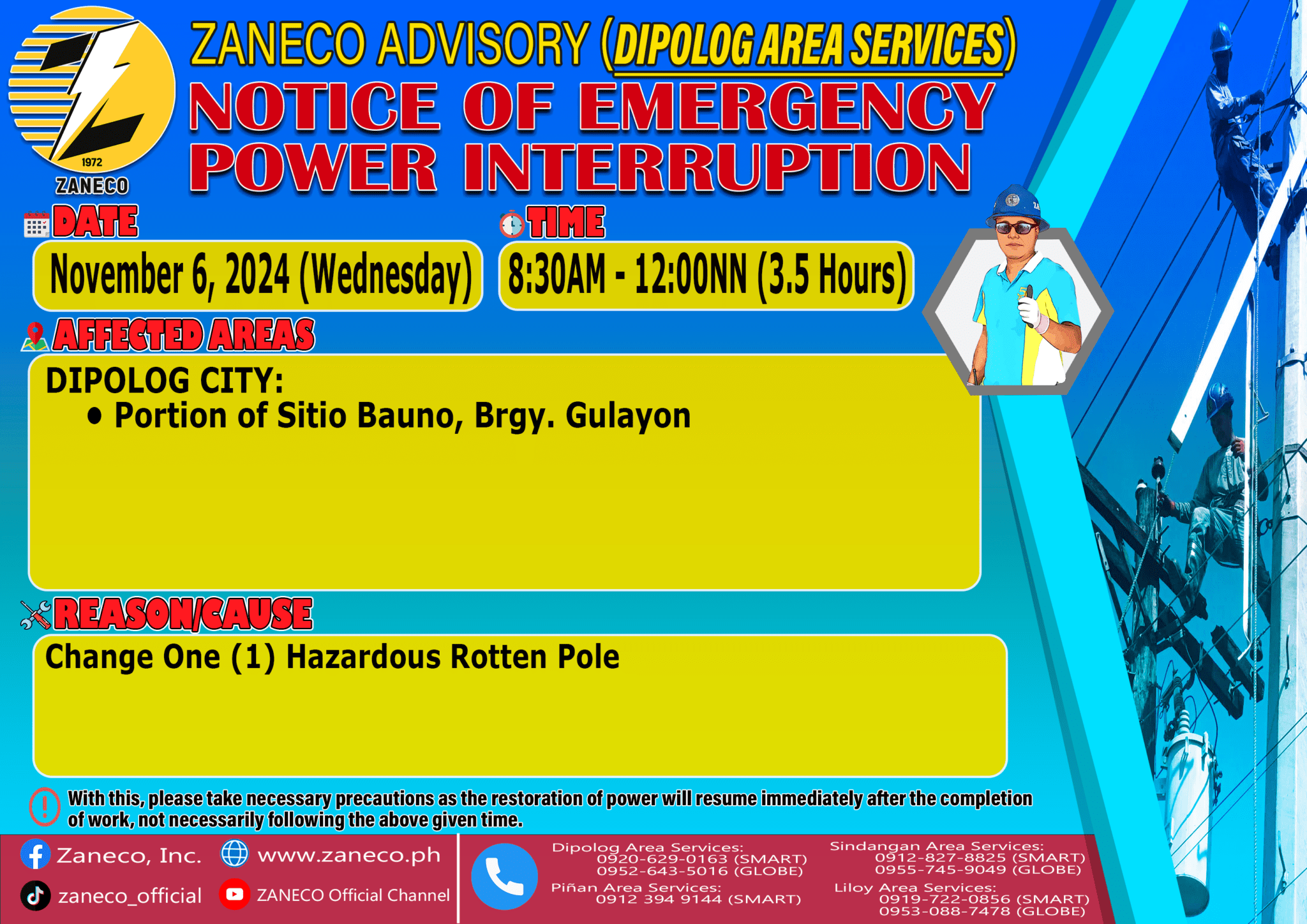 Power Interruption Update DAS November 6 & 7, 2024 ZANECO