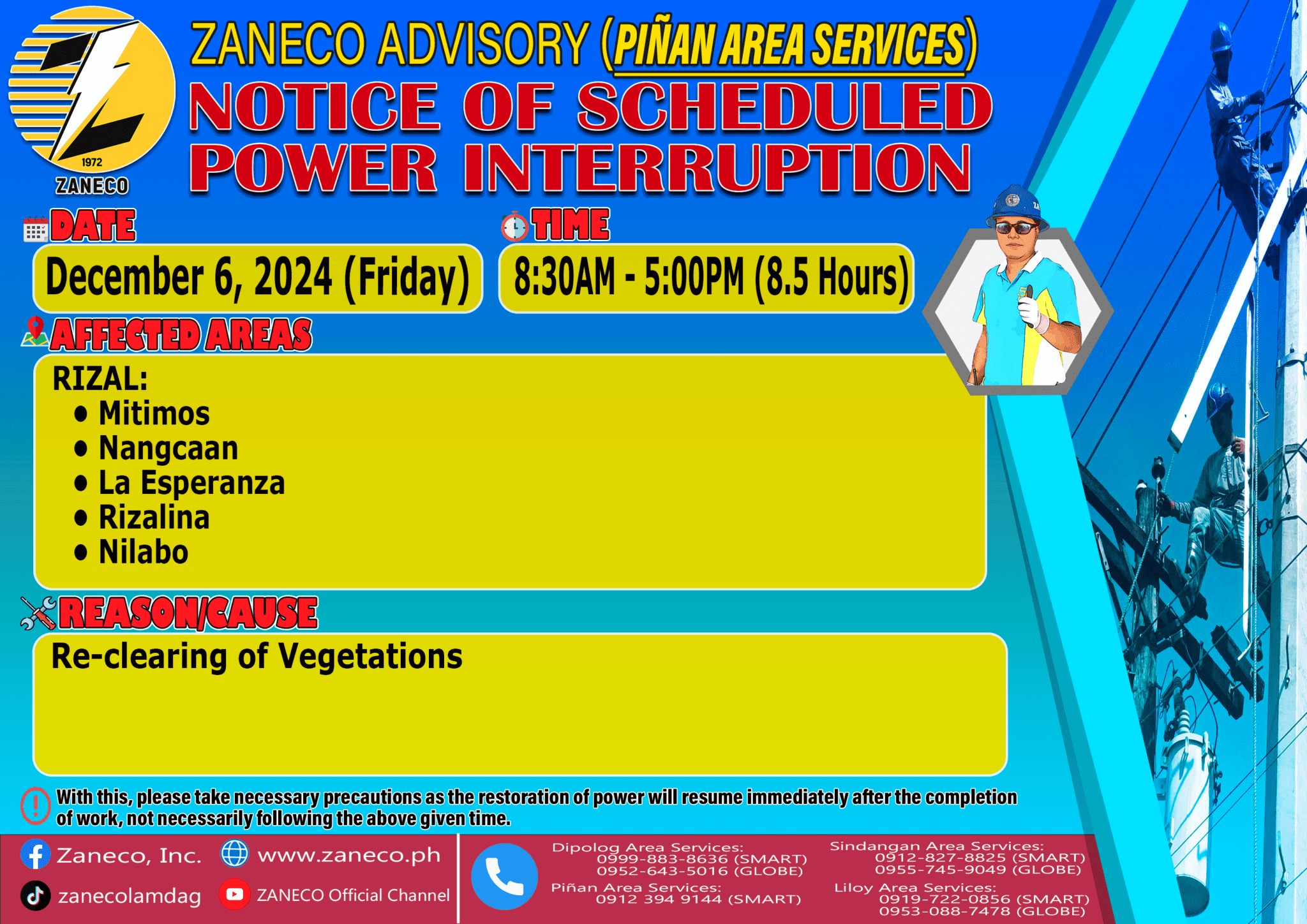 Notice of Scheduled Power Interruption PAS December 6, 2024 ZANECO