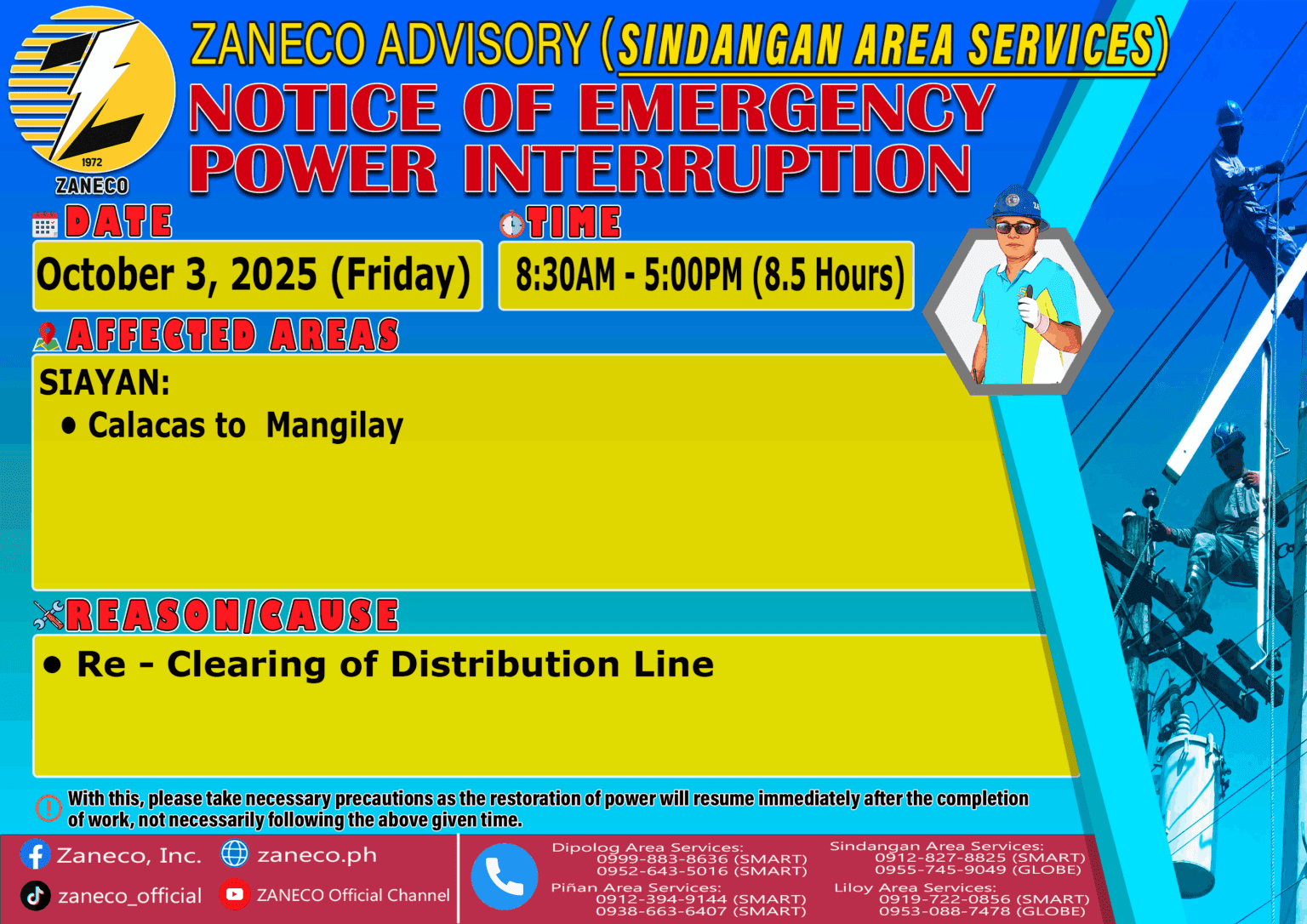 Notice of Emergency Power Interruption SAS – October 1,2 & 3,2025. – ZANECO