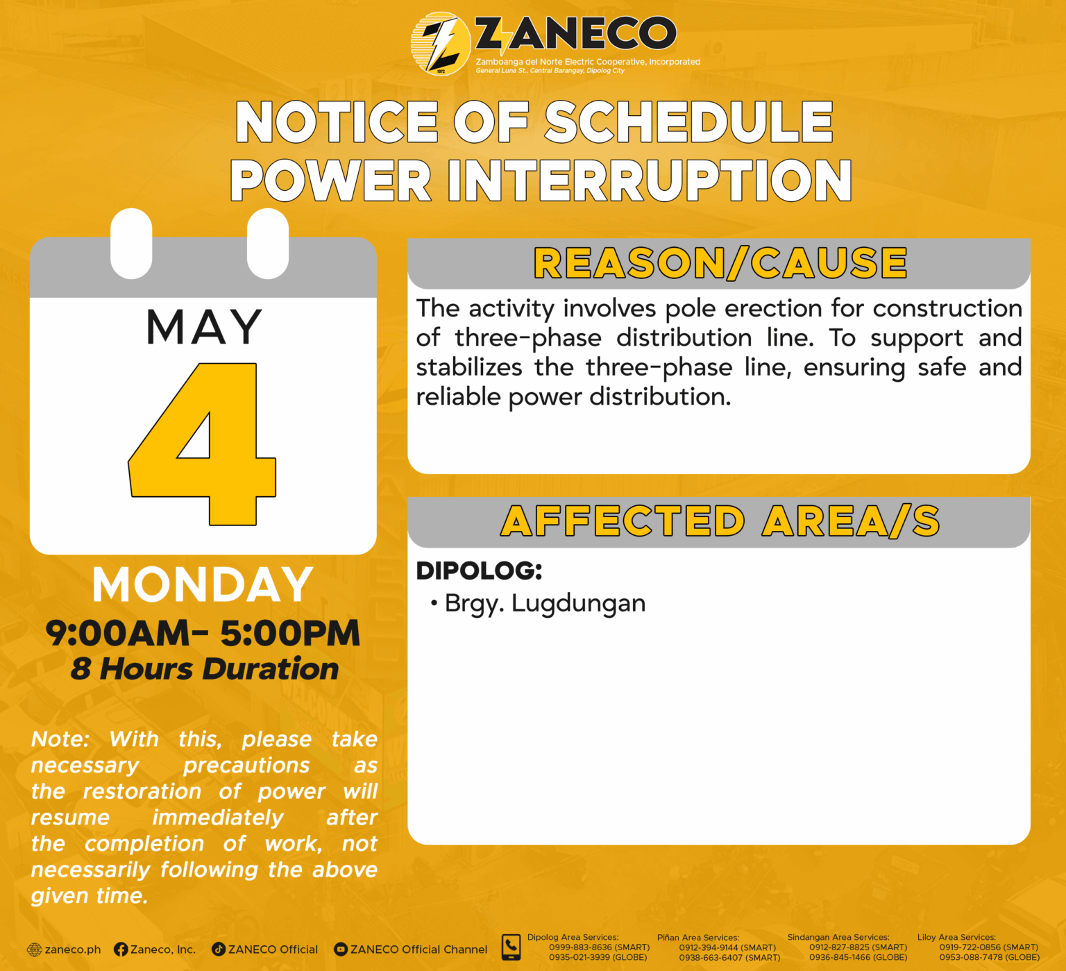 Power Interruption Example Notice of Schedule Power Interruption DAS – May 4, 2026. – ZANECO
